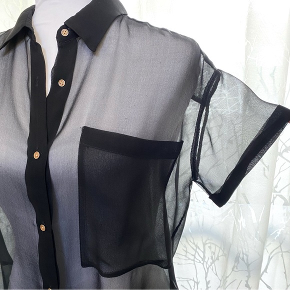 OPENING CEREMONY SHEER BLACK FRONT BACK BUTTON UP COLLARED SHORT SLEEVE TOP - Picture 3 of 11